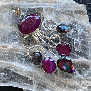 Simulated Ruby Labradorite and Colorful Topaz Gemstone Crystal Pendant